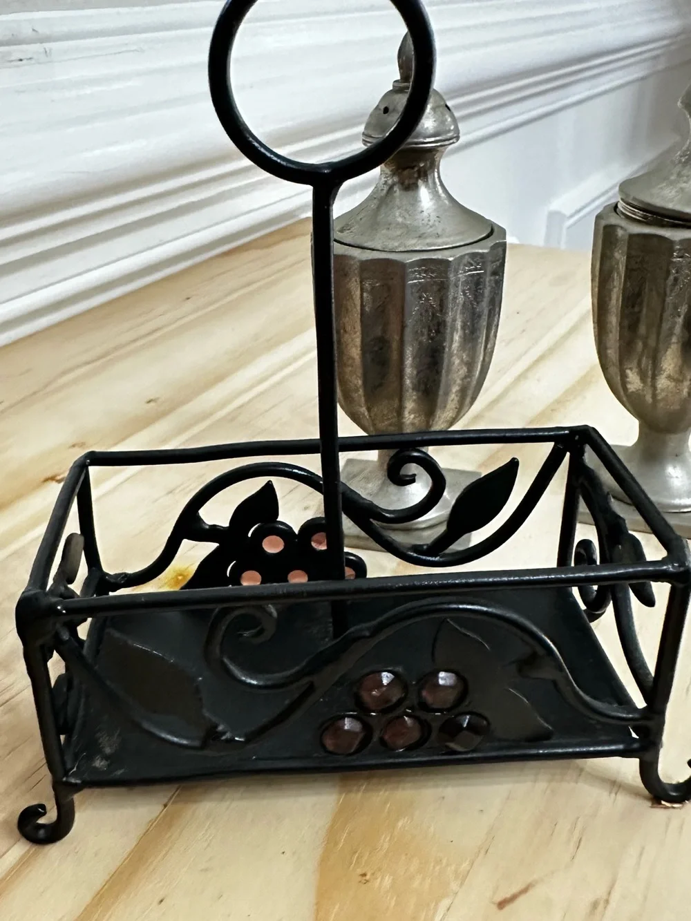 Vintage Godniget Silver Plate Salt & Pepper Shakers w/ Grape Vine Caddy